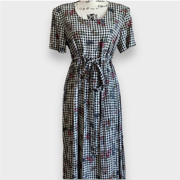 Vintage 90s Black and White Gingham Floral Maxi Dress - Picture 7 of 10